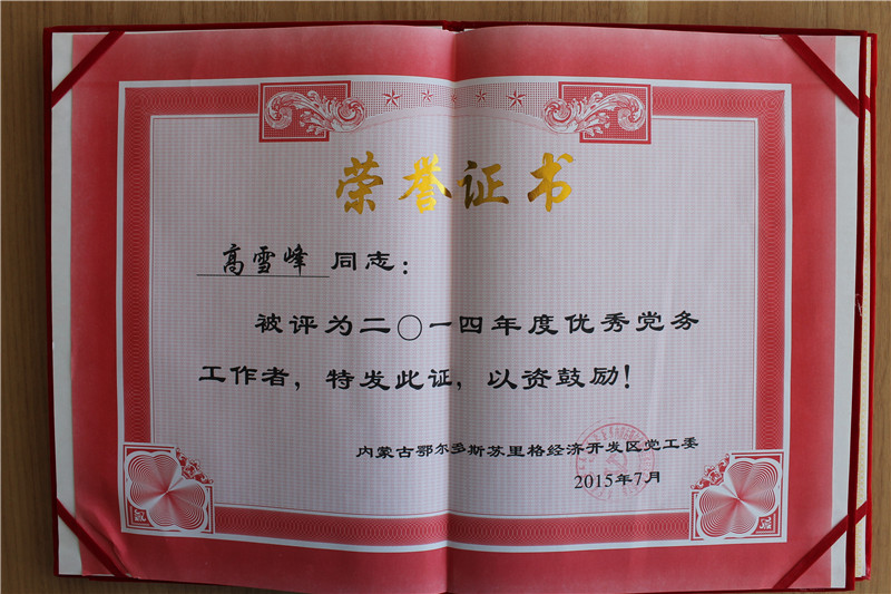 2015年7月，高雪峰同志被苏里格经济开发区评为优秀党务工作者.JPG